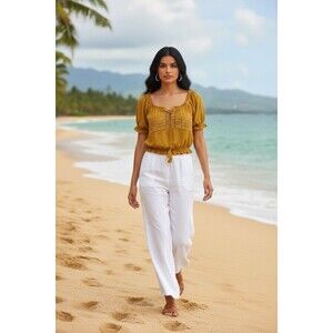 Ambriance Mustard Yellow Off The Shoulder Women’s Smocked Crop Top Size M Boho